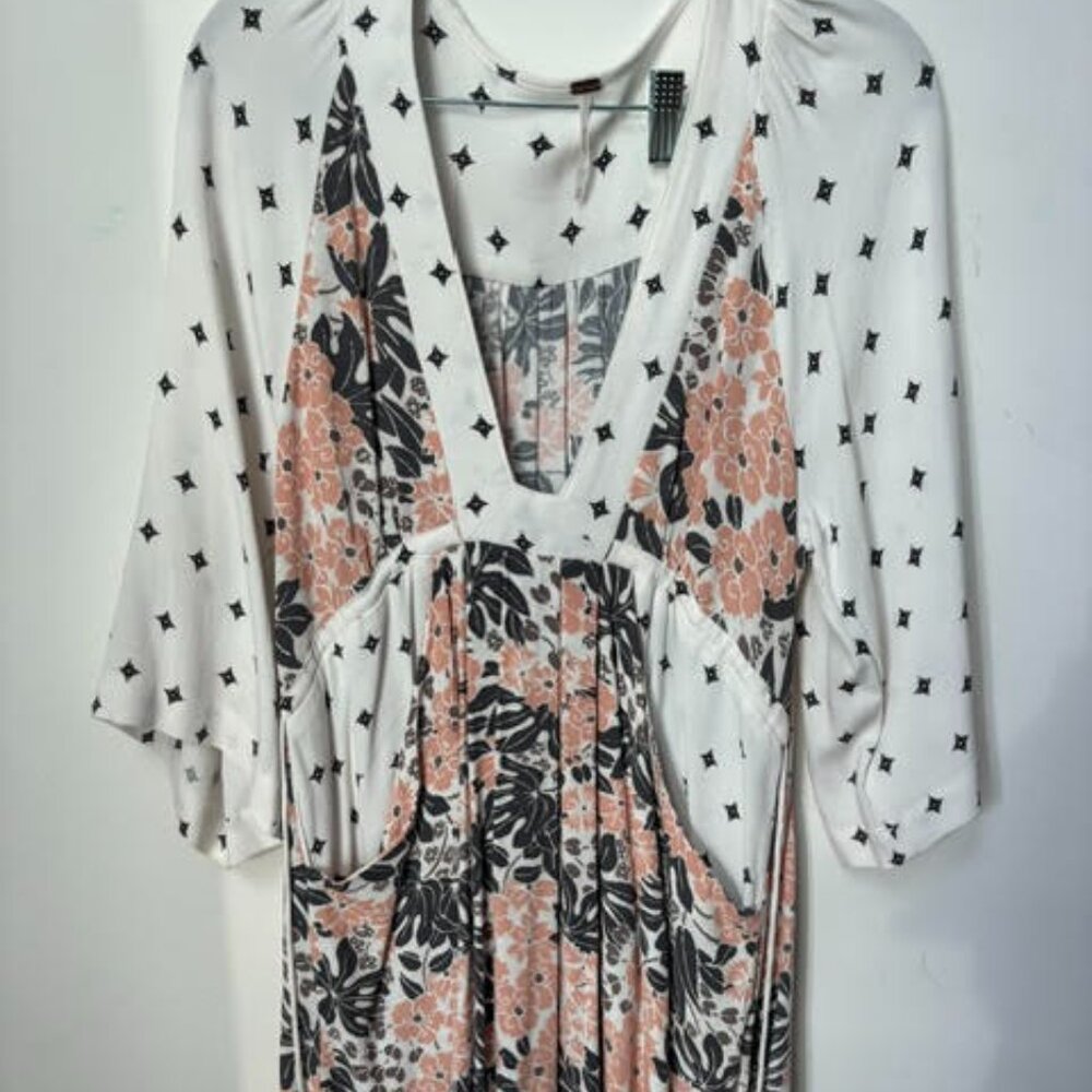 Free People Mini Dress Floral Deep V Neck Drawstring Size XS New